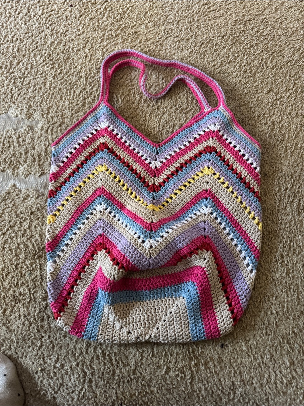 Crochet Chevron Tote Bag in Pink, Blue, Cream
